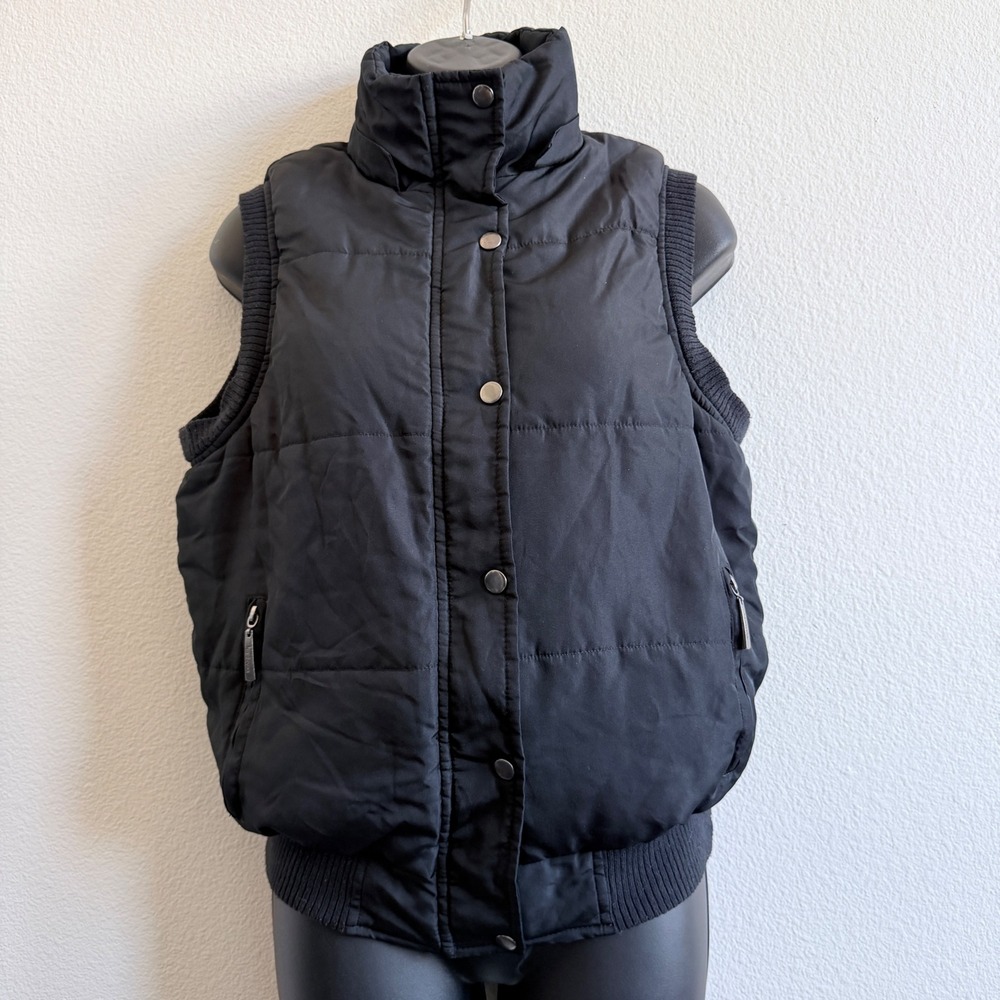 Black Puffer Vest Faux Fur Lined Stand Collar Zip Snap Closure Large